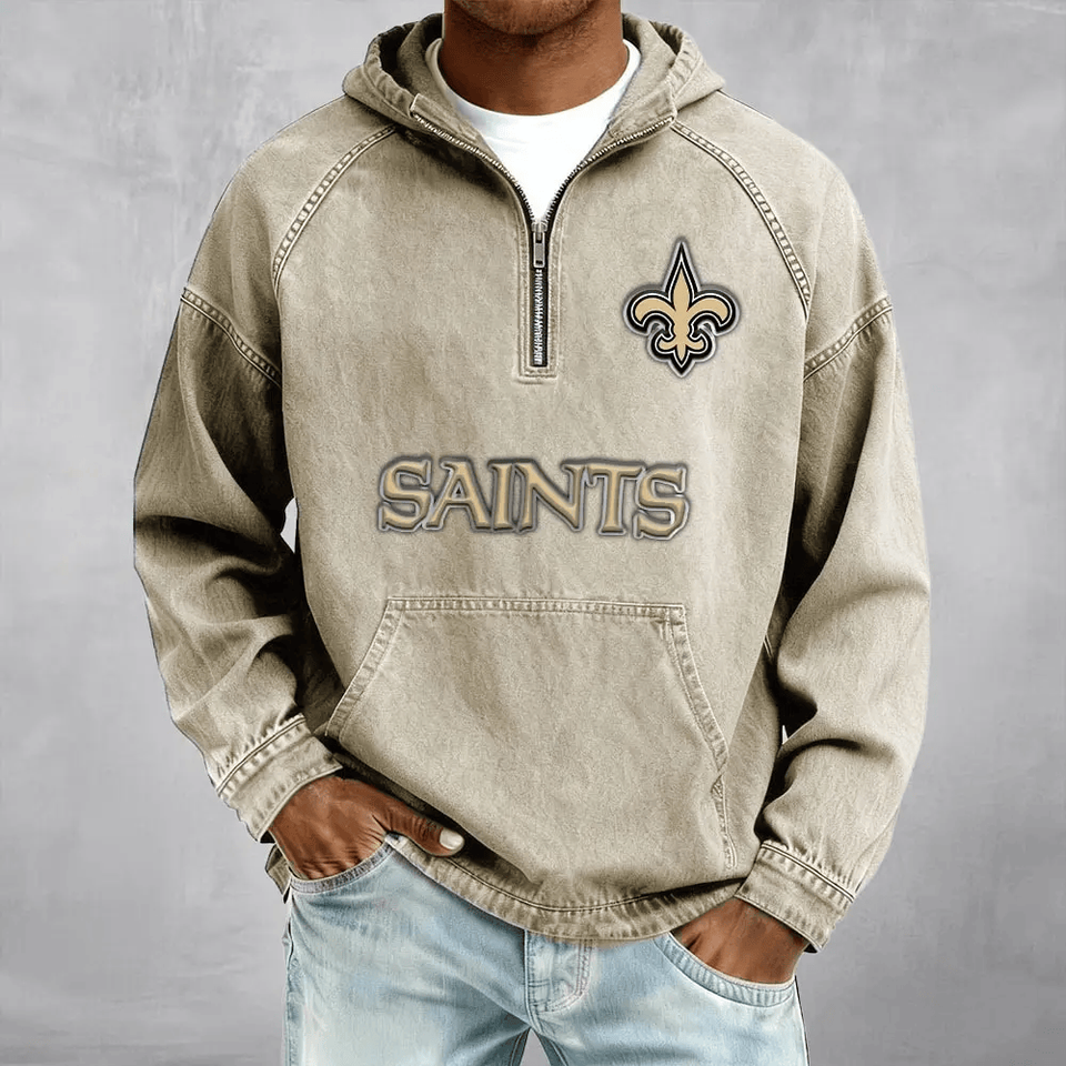 New Orleans Saints Half-Zip Denim Hoodie For Fan