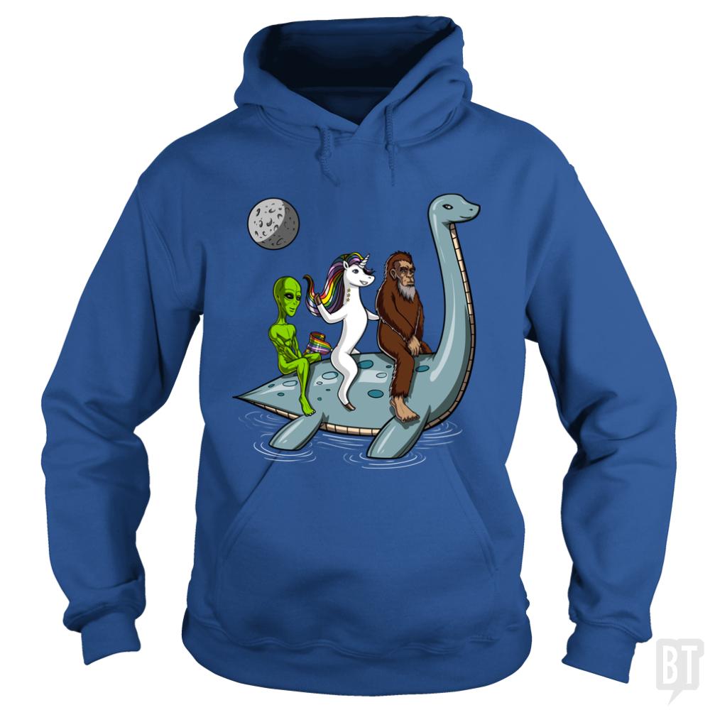 Alien Unicorn Bigfoot Ridding Loch Ness Hoodie