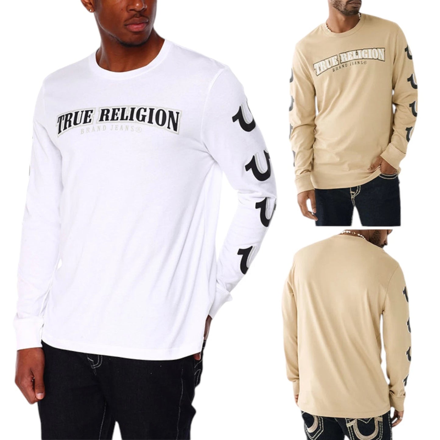 True Religion 107584 Mens Long Sleeve T Shirt Crew Neck Cotton Graphic T Shirts