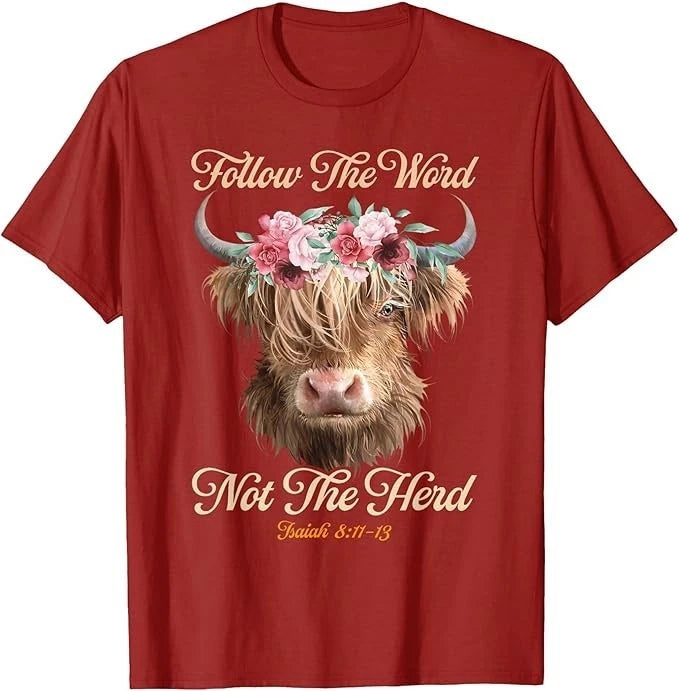 Follow The Word Not The Herd Christian Western Highland Cow T-Shirt