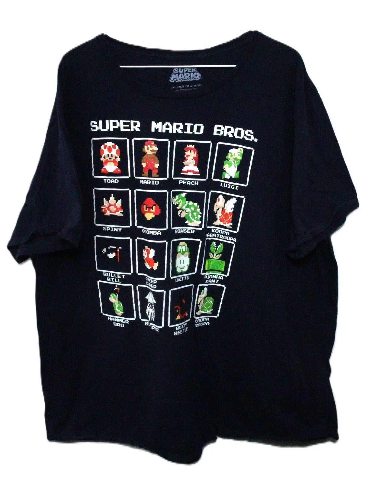 Super Mario Bros Pixel Art Character Grid T-Shirt 3XL Navy Blue Cotton T0435