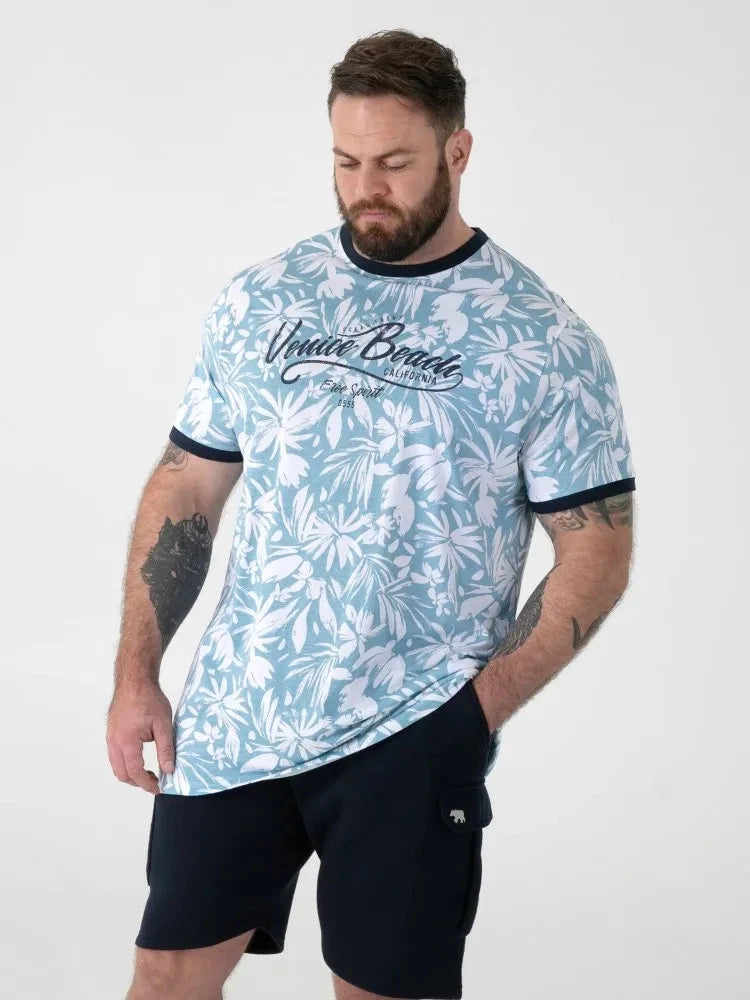D555 Duke Big Mens T-Shirt Venice Beach Print Ribbed Trims Blue 2XL-6XL (601917)