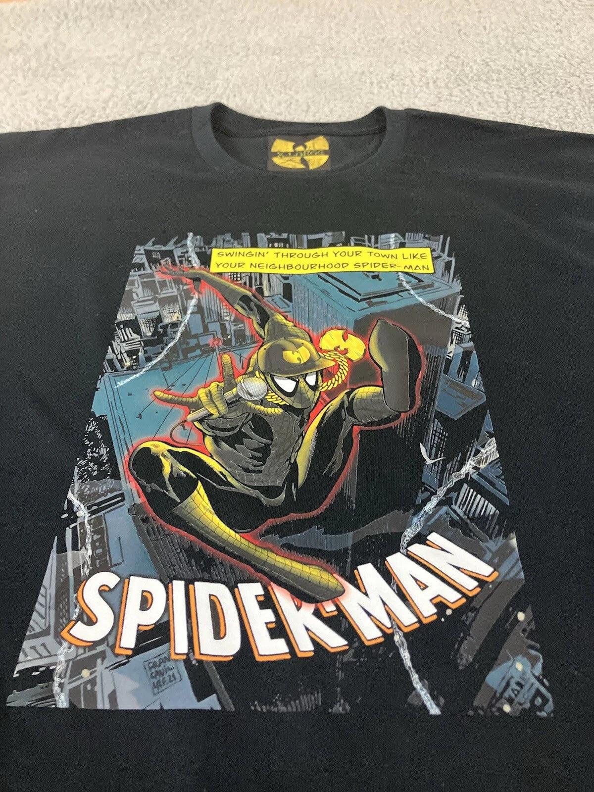 Neighborhood Spiderman Wu-Tang Protect Ya Neck Lyrics Comic Black Tee Size Large