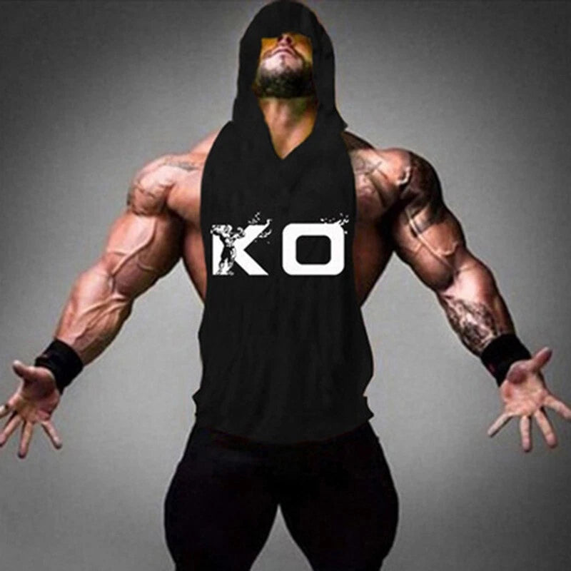 GYM Men's hooded pocket sleeveless sweater cotton training sports T-Shirt