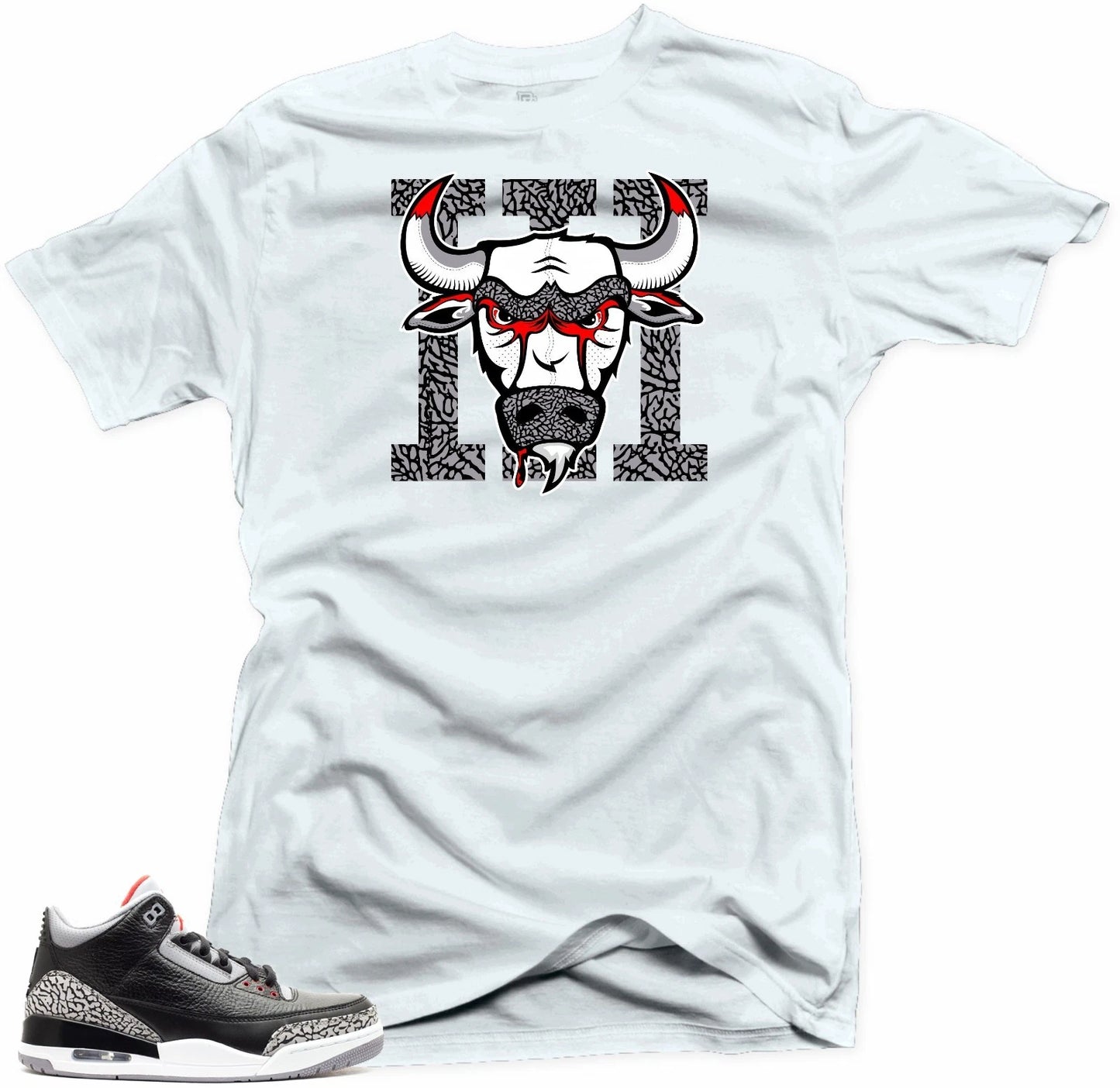 Shirt to Match Air Jordan 3 Black Cement Sneakers.Bull 3 White Tee