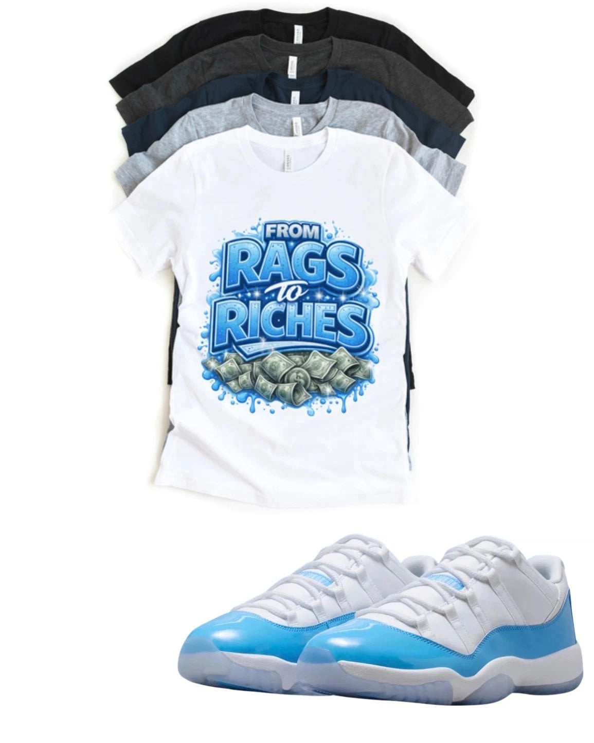 Jordan 11 Concord From Rags to Riches Matching T-Shirt Custom Sneaker Match Tee