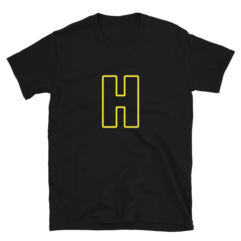 Letter H Yellow Bold Font Simple Black T-Shirt