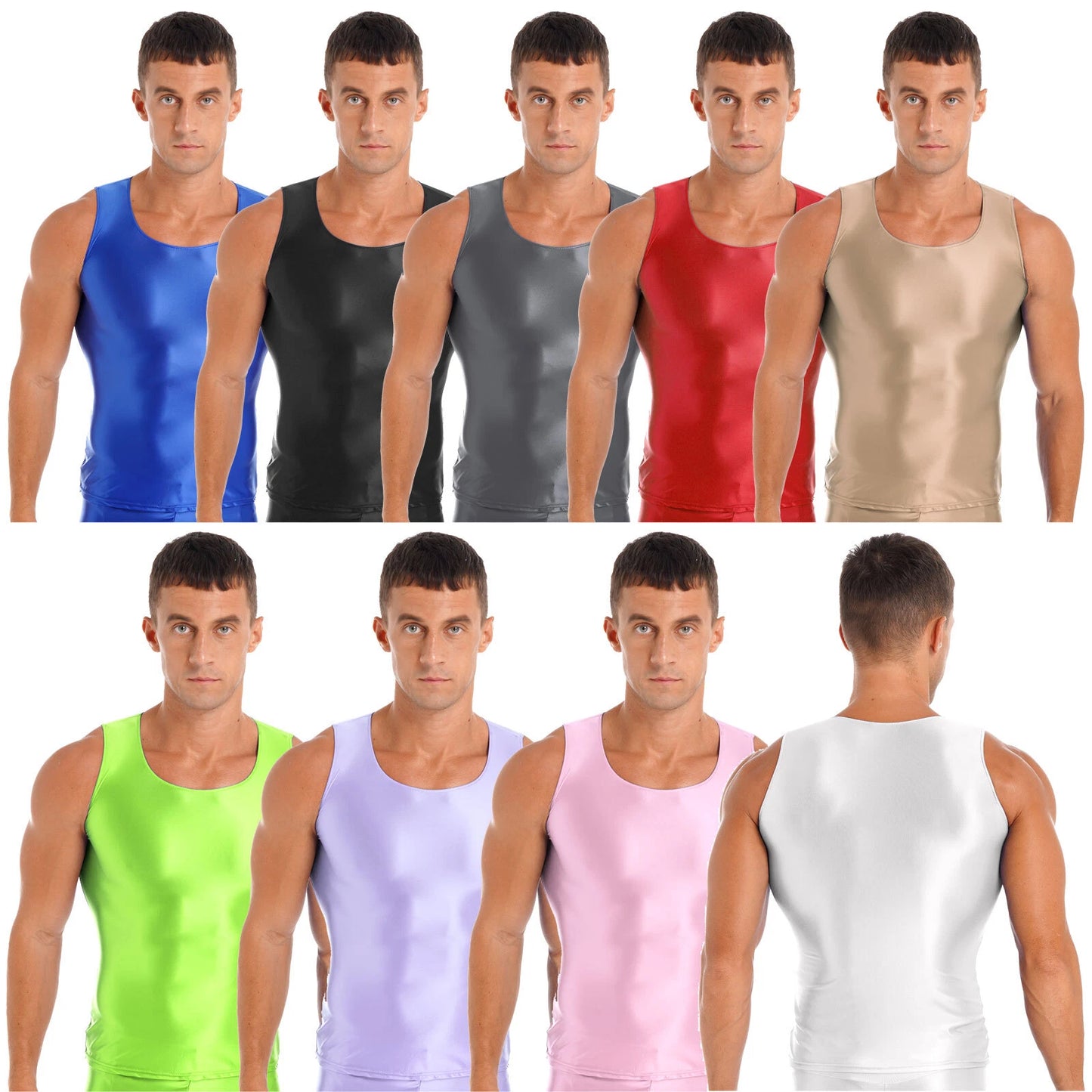 Mens Smooth Glossy Tank Top Vest Stretchy T-Shirts Fitness Training Sportswear