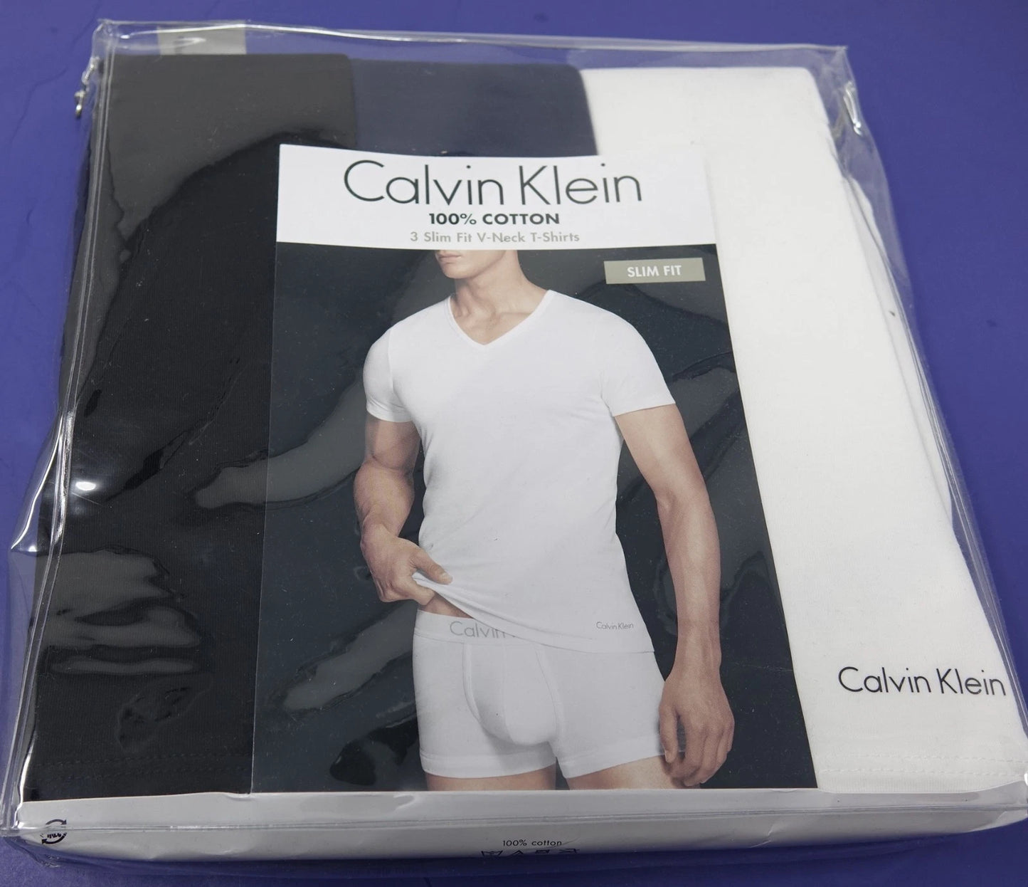 New Calvin Klein Cotton Slim Fit V-Neck T-Shirts 3-Pack White Black Navy Large