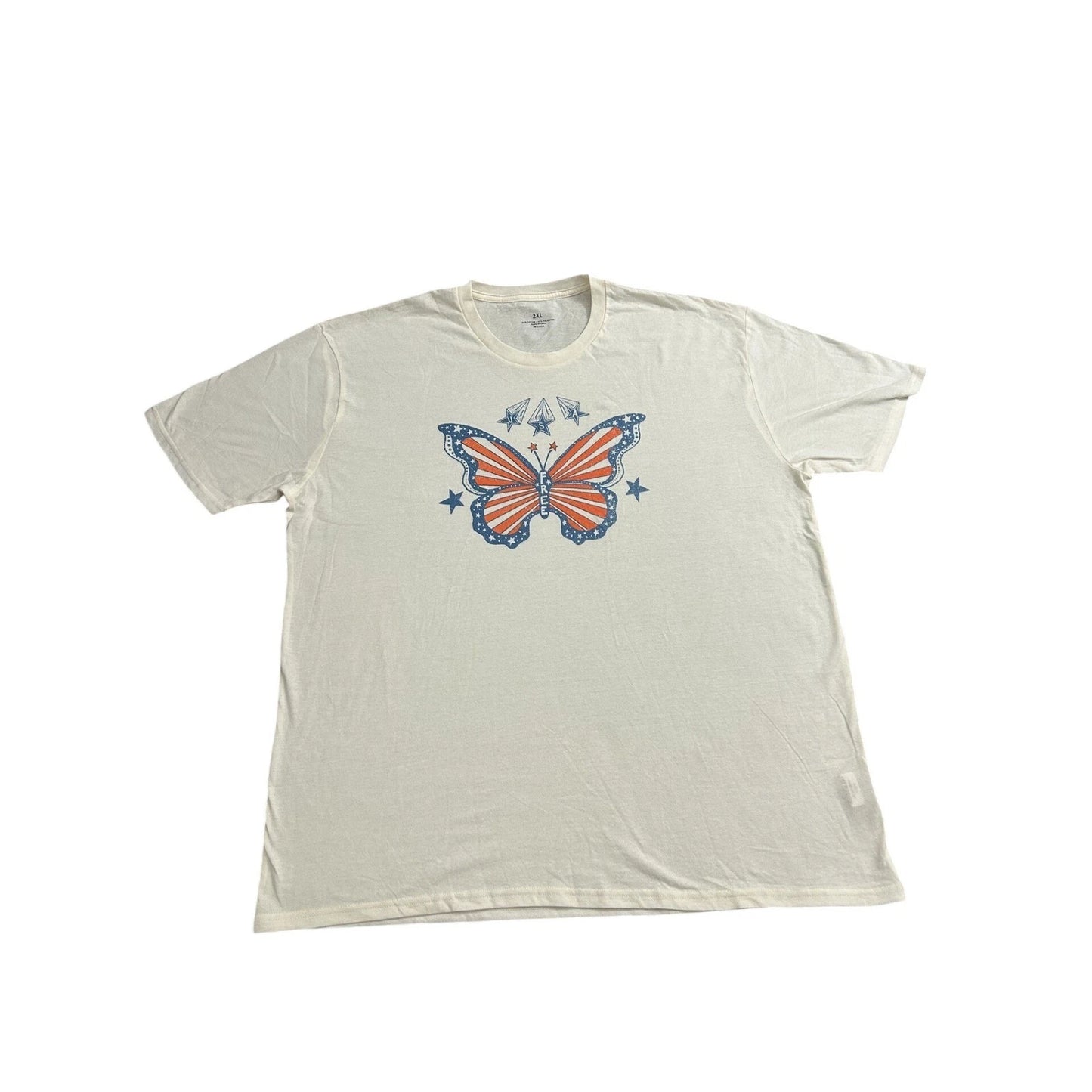 Butterfly Graphic Tee Mens 2XL Cream Patriotic Stars USA Casual Boho Shirt NWT