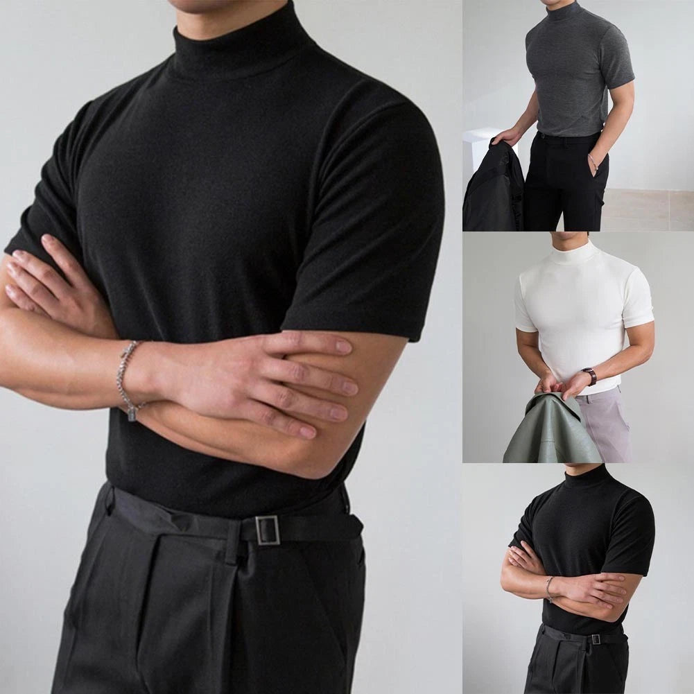 Business Casual Wear Men Slim Fit Tee 80% Polyester 20% Spandex Solid Color