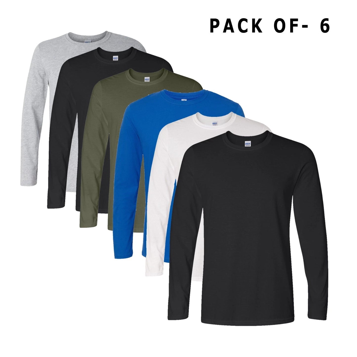 Gildan 6-Pack Long Sleeve Crew Neck T-Shirt 100% cotton Multicolor Tee