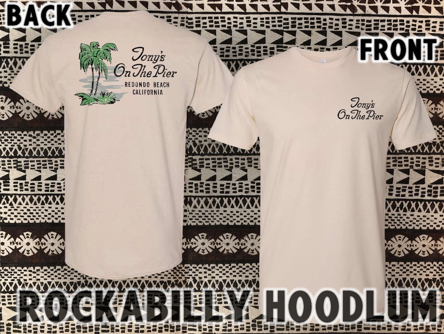 Retro Tiki Art Tee T Shirt Bar Mug Restaurant Tonys on the Pier Redondo Beach CA