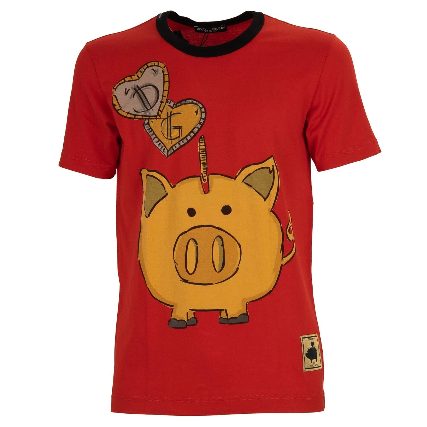 DOLCE & GABBANA Money Box Pig Cotton T-Shirt with Logo Patch Red Gold 12559