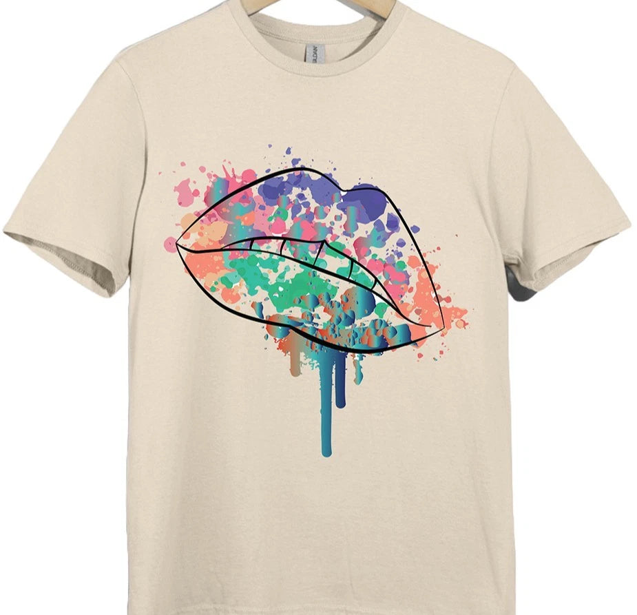 Lips T Shirt Pop Art Colorful Paint Splash Kiss Graphic Tee Women Fashion Gift