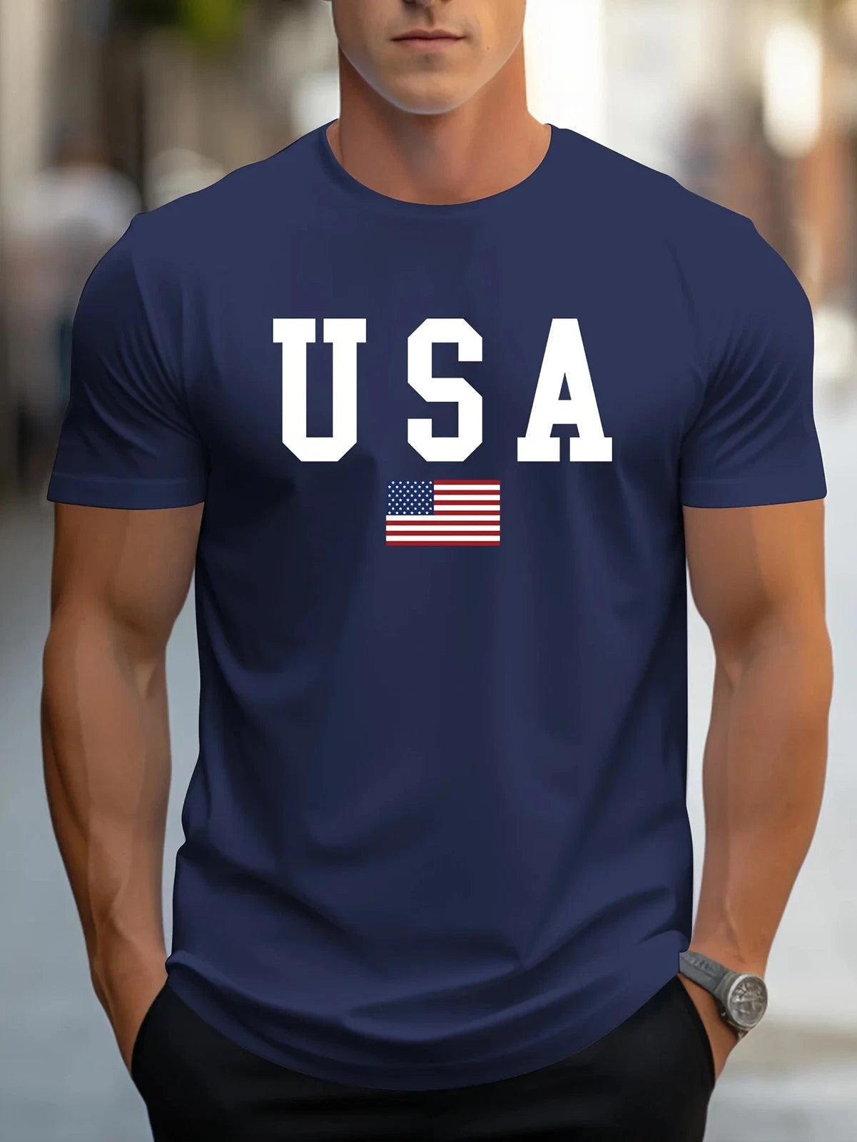 new T-Shirt Men USA Print 100% Cotton Summer Casual Short Sleeve Round Neck Top