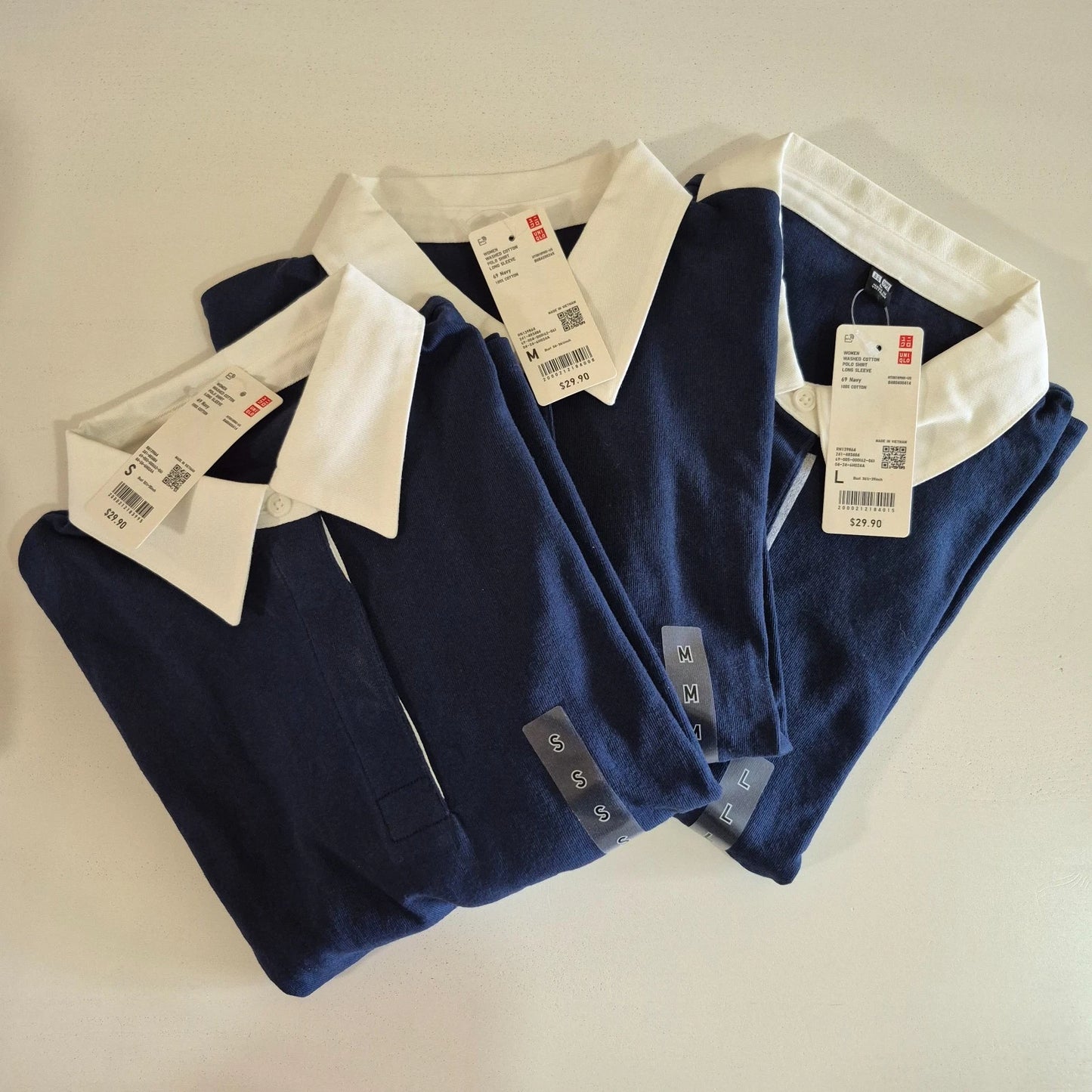 UNIQLO 2026 Women Washed Cotton Long Sleeve Navy Polo Shirt