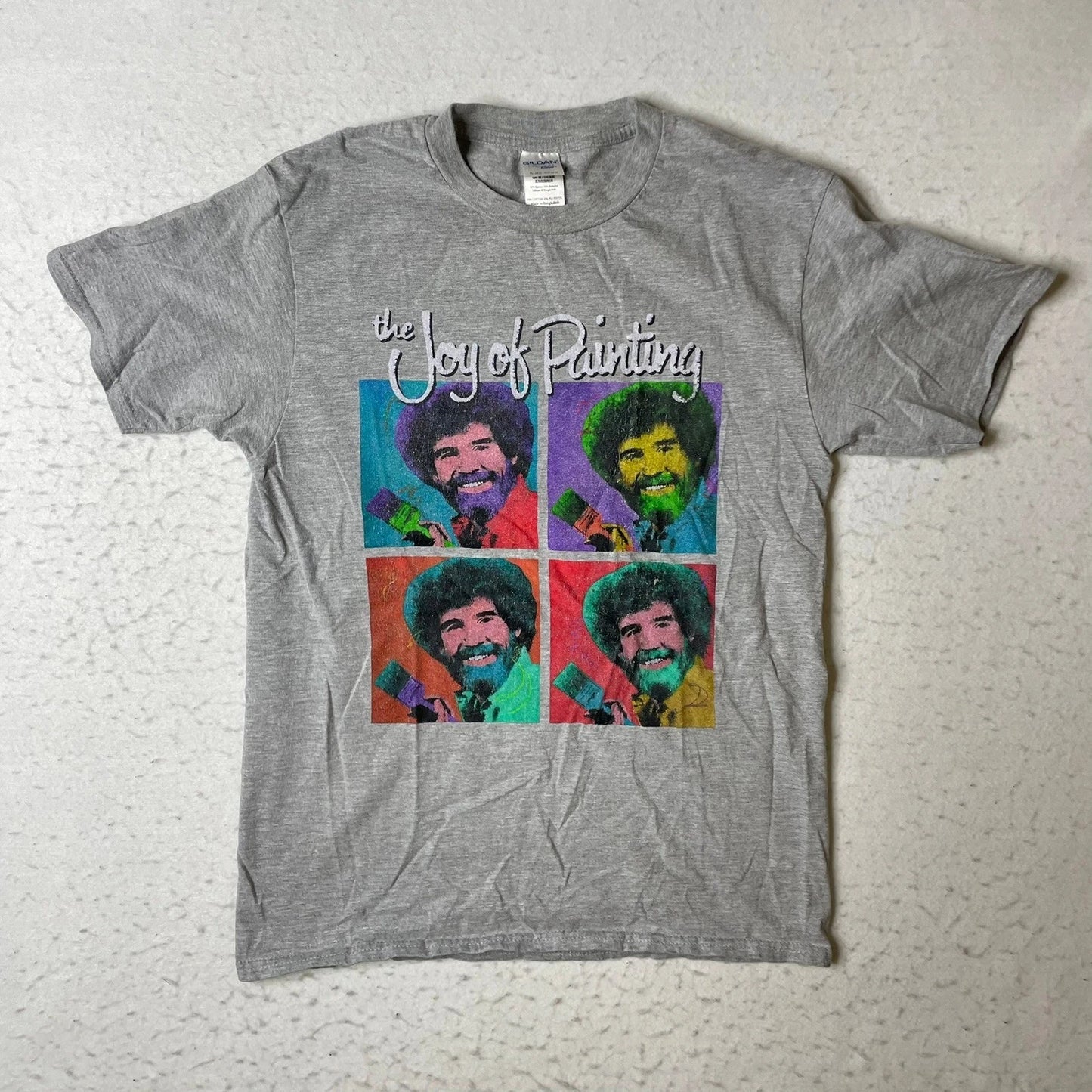 Gildan T-Shirt Adult Small Gray Bob Ross Joy of Painting Pop Art Graphic Tee