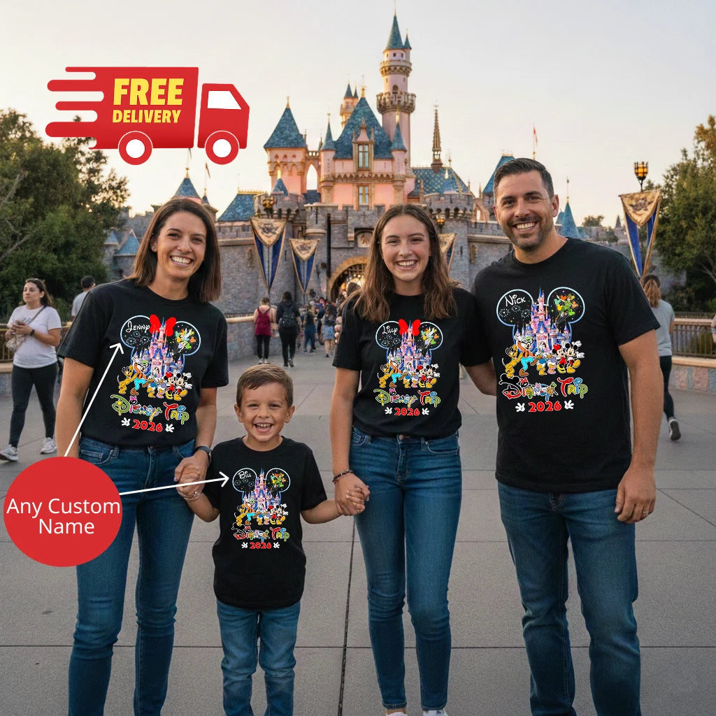 Custom Disney Family Trip 2026 Shirt Personalized Name Mickey Minnie Castle Tee