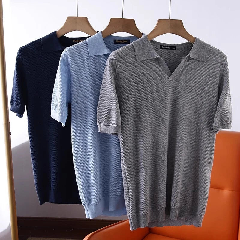 Knitted Cotton Summer New Mens Fashion Shirts Lapel Casual Short Sleeve T-shirt