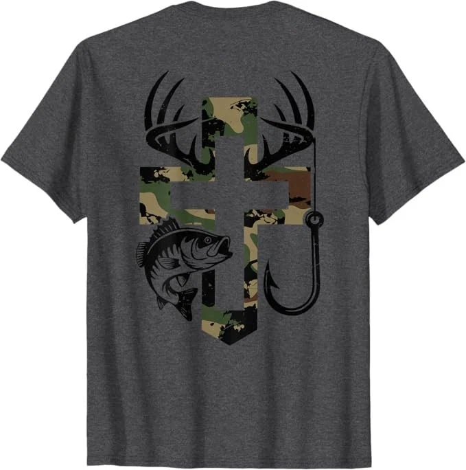Youth Camo Faith Hunting Fishing Cross Hook Christian Jesus T-Shirt