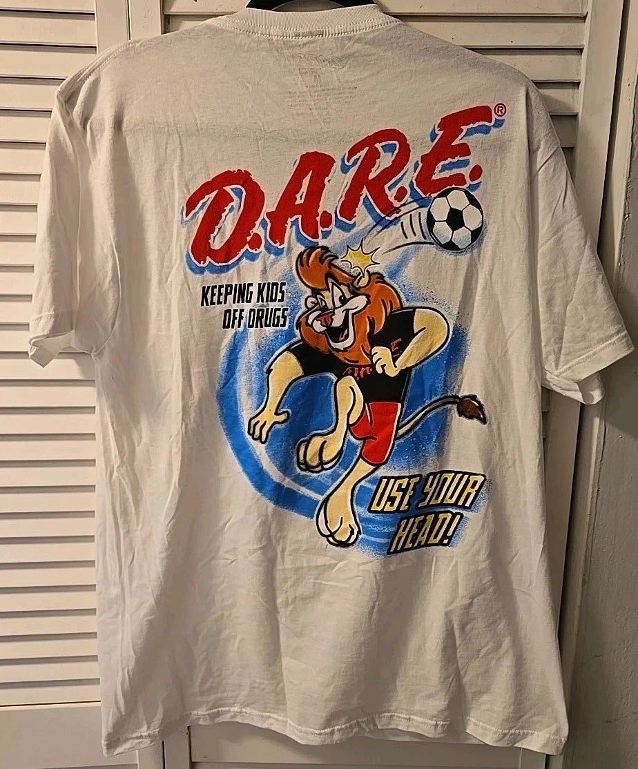 Vintage D.A.R.E. T-Shirt White Soccer Use Your Head Right Keeping Kids Off Drugs