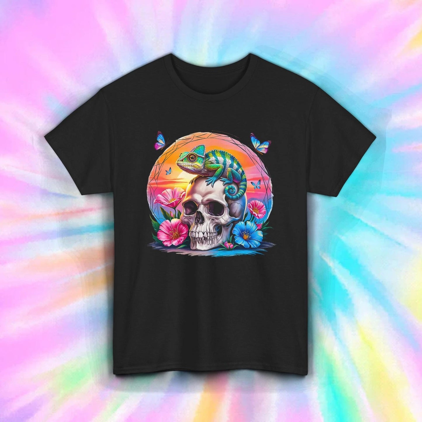 Chameleon Skull Shirt Colorful Flowers Butterfly Lizard Art Gift Tee S-5XL