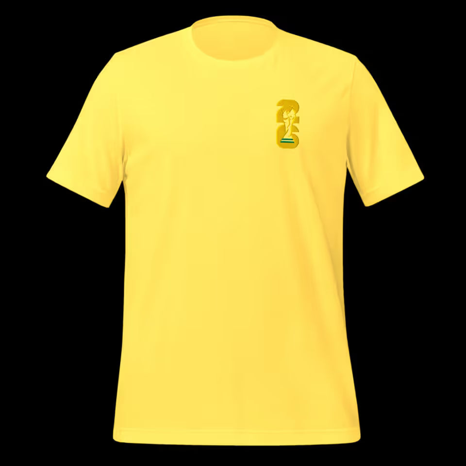 World Football Trophy Embroidered Logo T-Shirt - Gold Trophy & Yellow 26 - Soccer Fan Tee