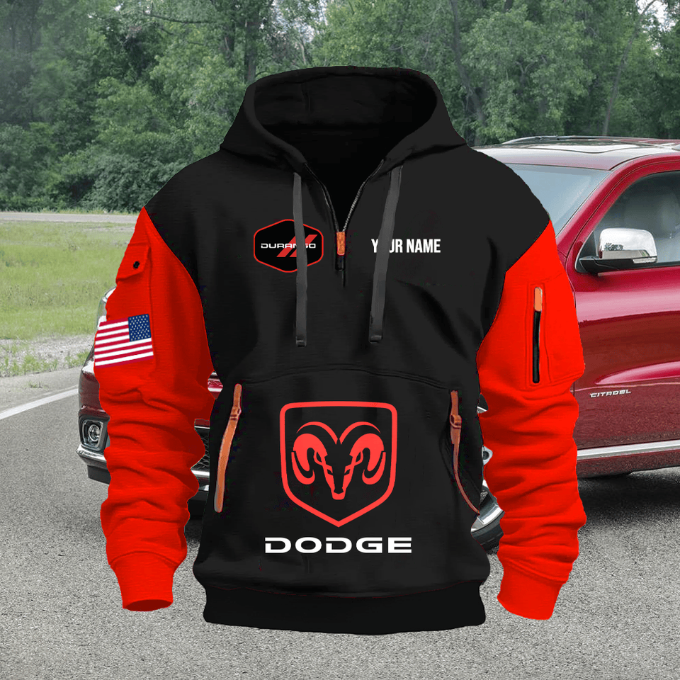 Dodge Durango Personalized Name Black Quarter Zipper Hoodie - Red Sleeve