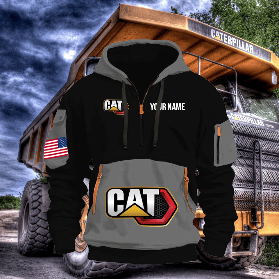 Caterpillar Personalized Name Grey & Black Quarter Zipper Hoodie