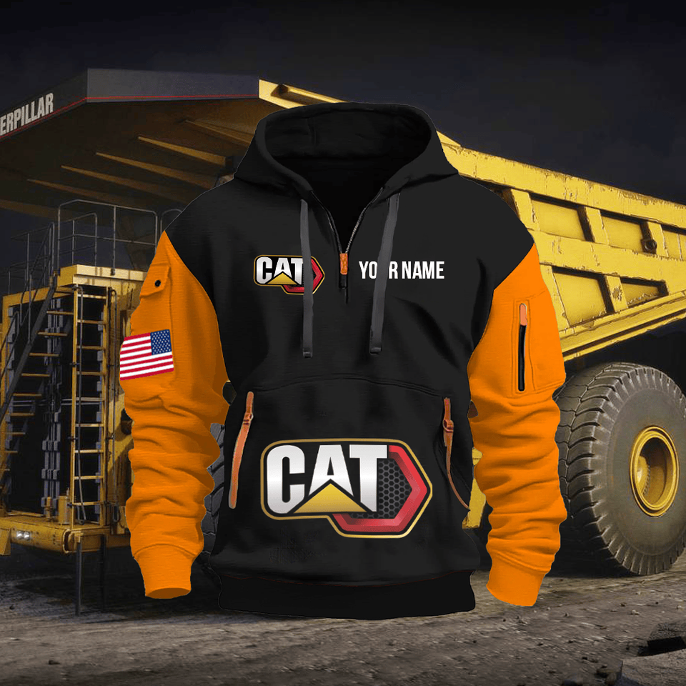 Caterpillar Personalized Name Black Quarter Zipper Hoodie - Orange Sleeve