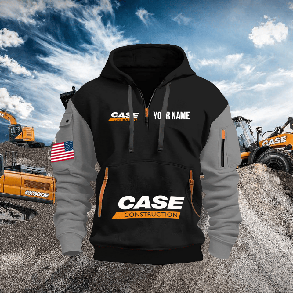 Case Construction Equipment Personalized Name Black Quarter Zipper Hoodie - Grey Sleeve