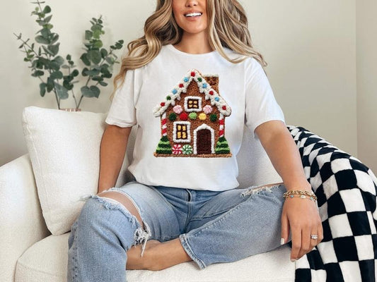 #383 - Faux Latch Hook Yarn Embroidery Gingerbread House, Christmas Holiday Shirt Design, Tee T-shirt Shirt Print Unisex Crewneck Sweatshirt