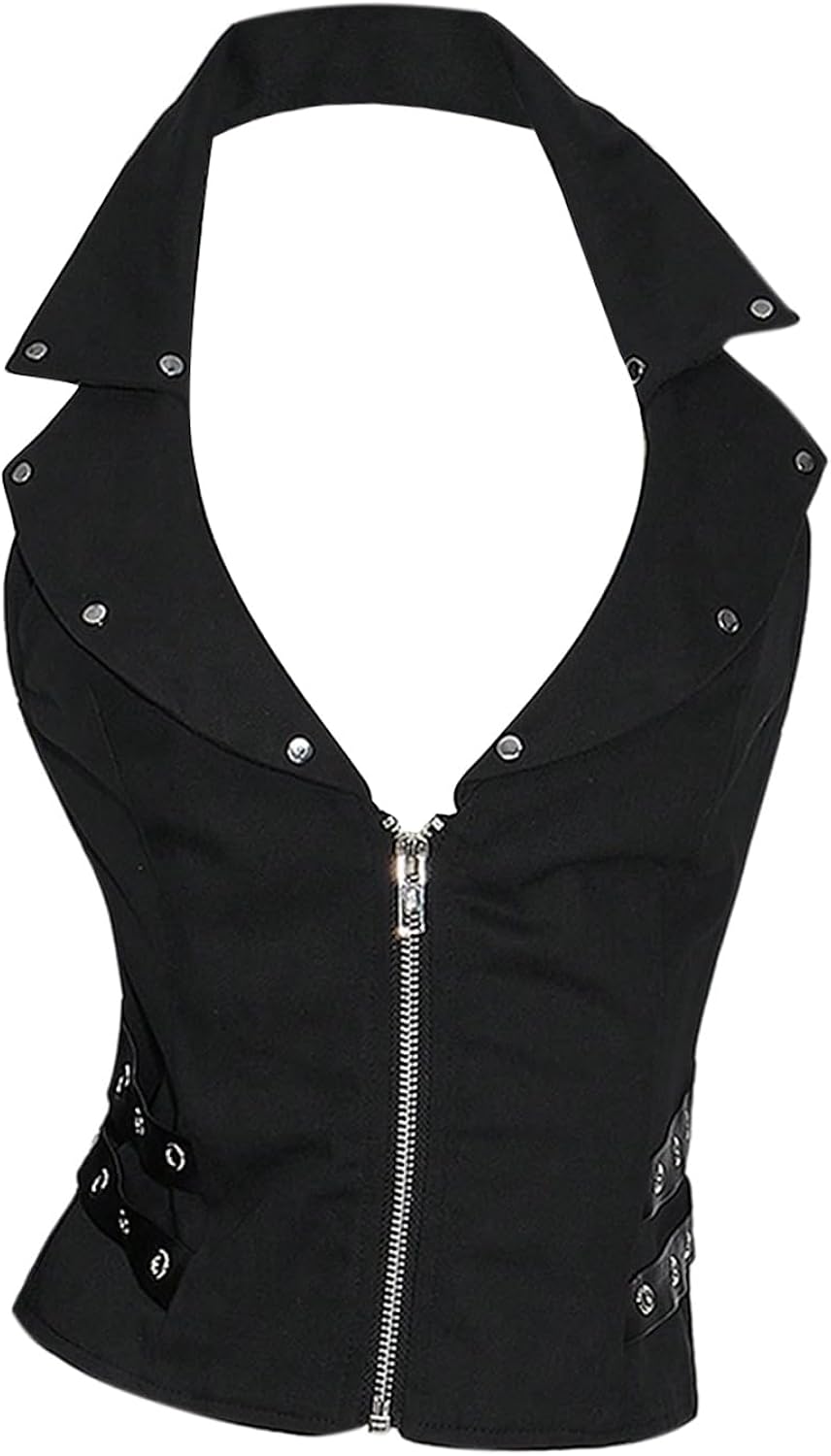 Women's Zip Up Halter Top Grommet Sleeveless Backless Goth Punk Tank Tops