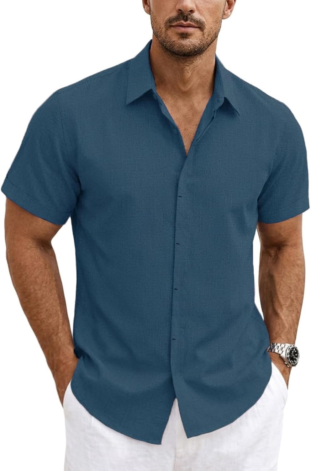 Mens Linen Shirts Short Sleeve Casual Shirt Button Down Summer Beach Vacation Tops Men Casual Dress Shirts Breathable