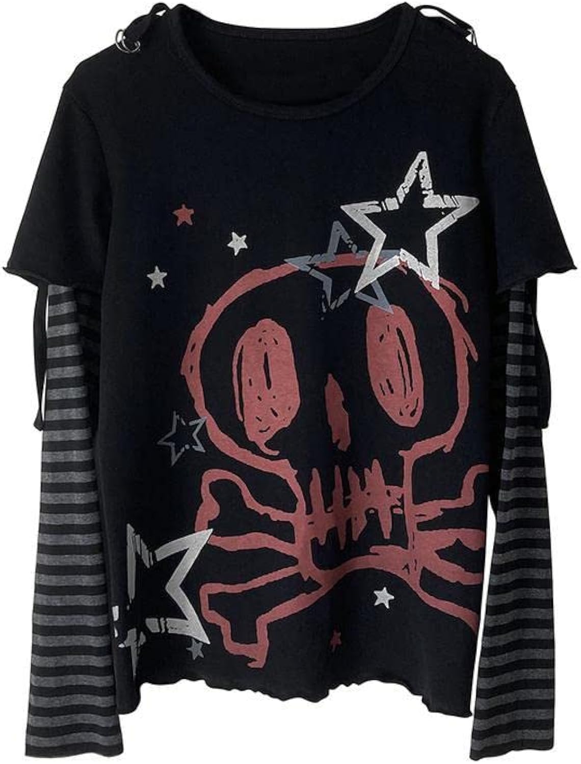 Y2K Tshirt Long Sleeve Faux Two Piece Harajuku Loose Punk Tees Casual Rock Emo Grunge Aesthetic Tops