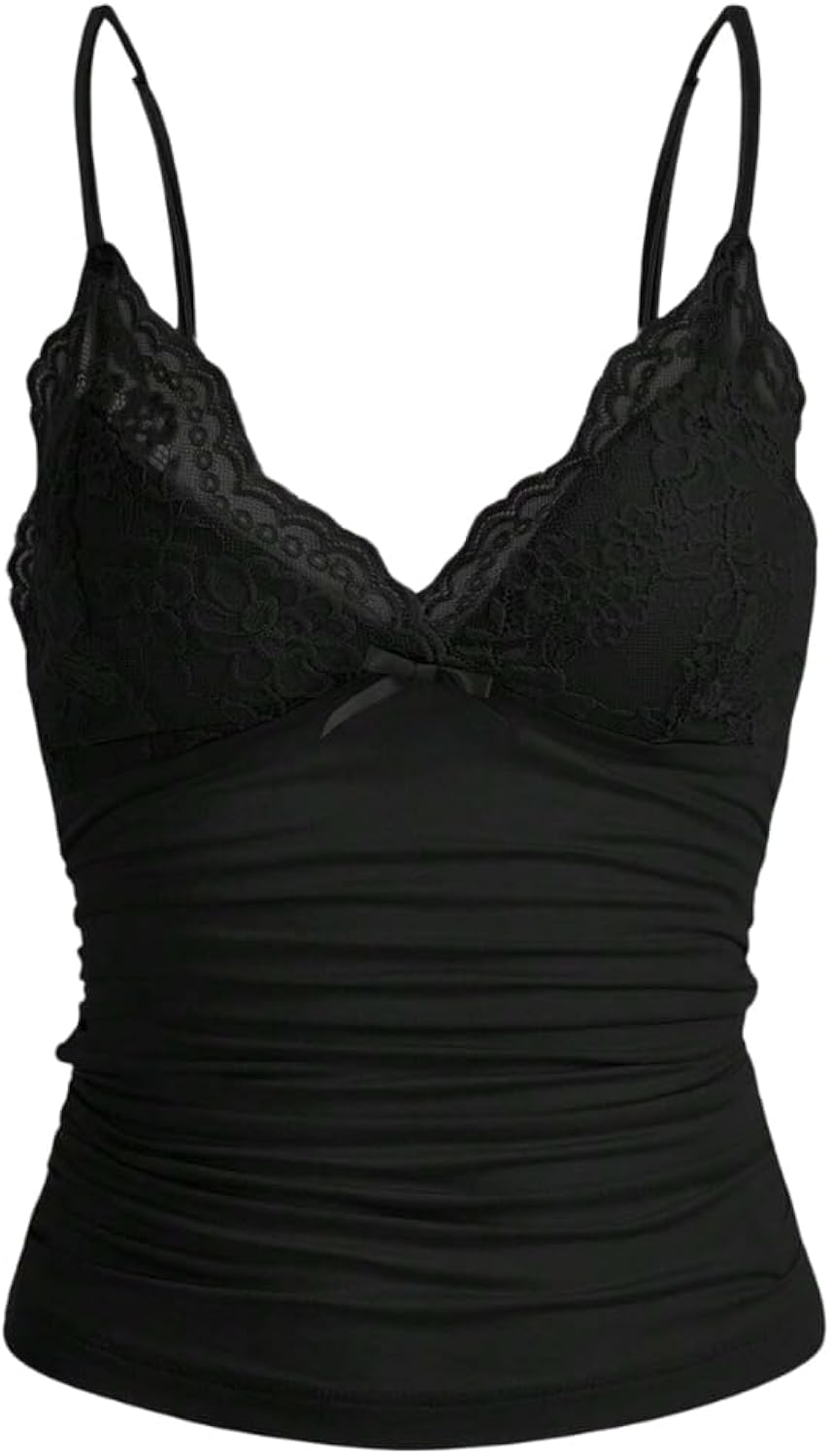 Women Y2k Lace Trim Cami Top Spaghetti Strap Fairy Grunge Tank Top V Neck Ruched Bow Lace Patchwork Cami Shirt