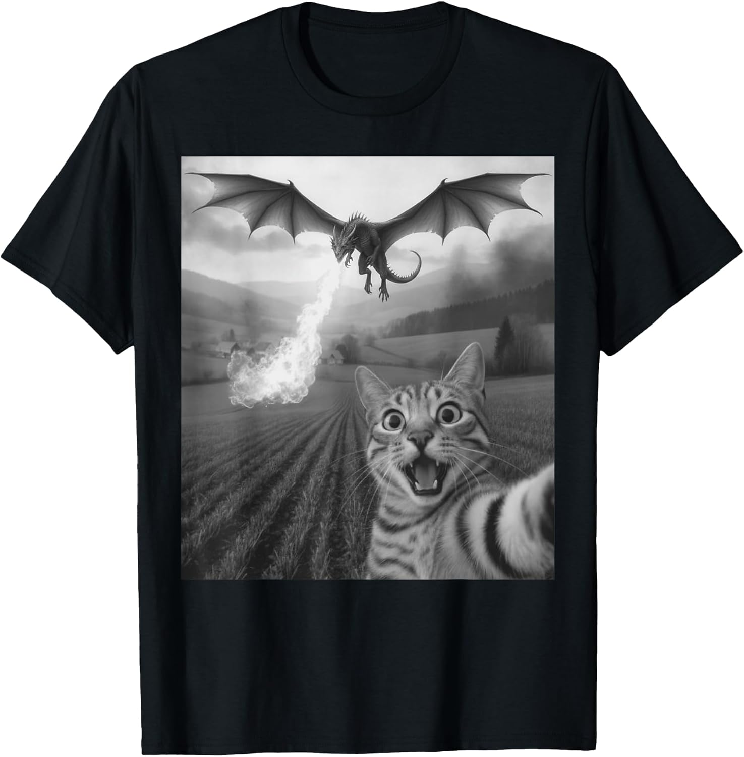 Funny Cat Selfie with Dragon Kawaii Fantasy Creature Art T-Shirt