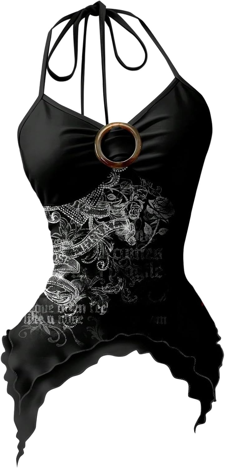 Women's Gothic Graphic Halter Crop Tops Y2k Sleeveless Shirts Grunge Music Festival Concert Outfit