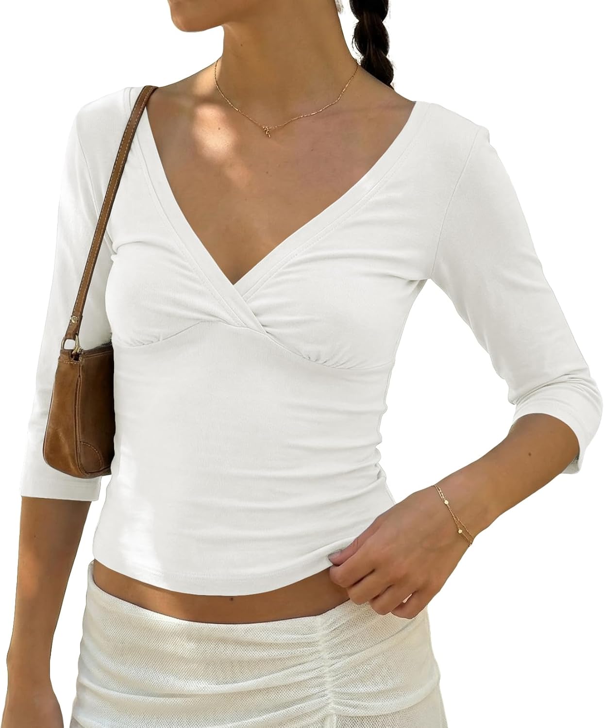 Womens 3/4 Half Sleeve Deep V Wrap Neck Ruched Crop Tops Open Back Tshirt Y2k Vintage Minimalist Slim Fit Tee Summer