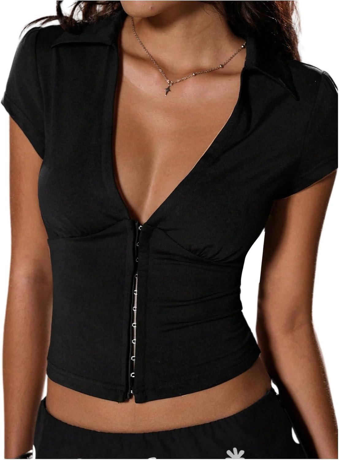 Women's Sexy Corset Low Cut Tops Y2k Short Sleeve Crop Tops Deep V Neck Shirts Going Out