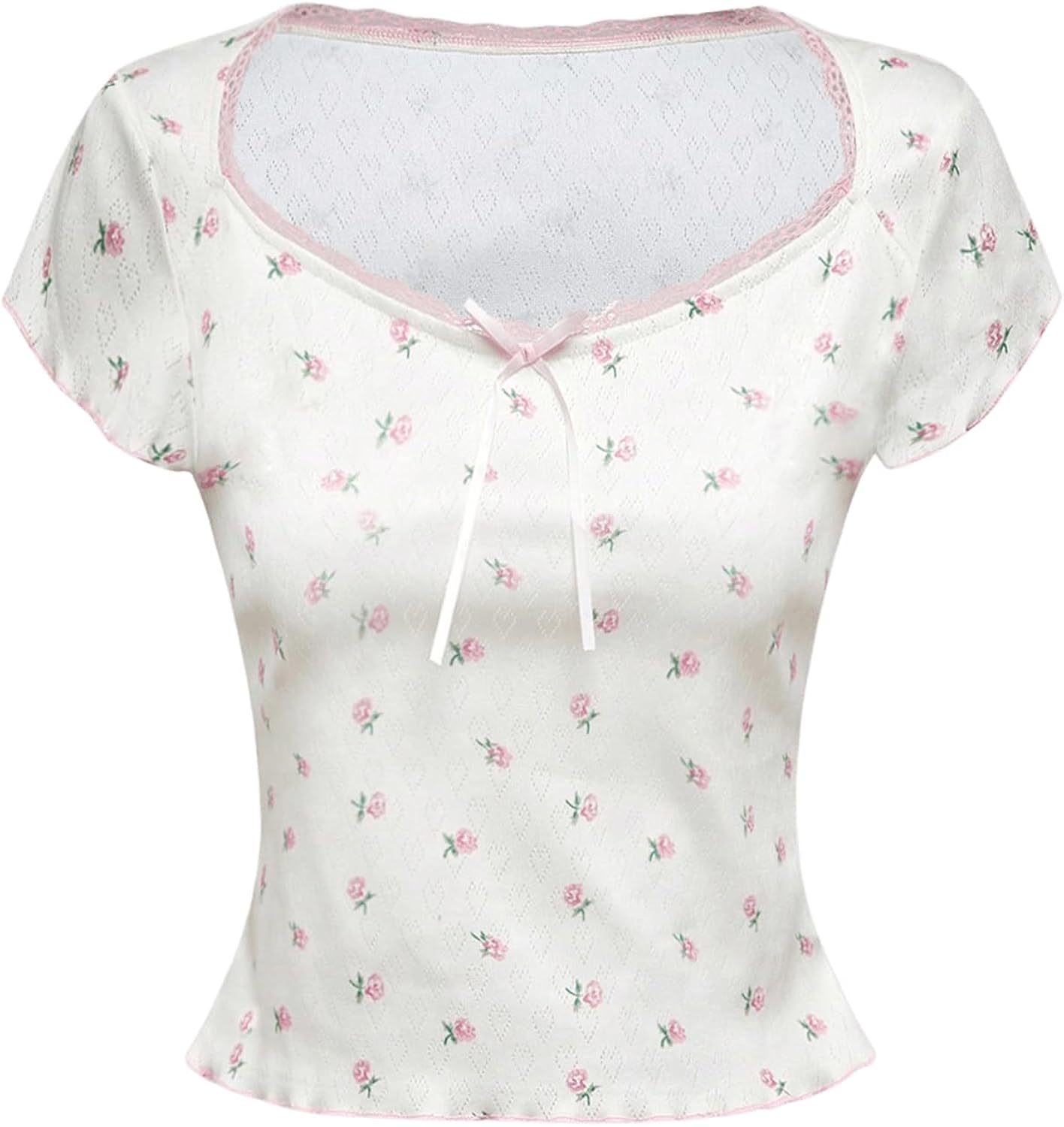 Women's Summer Short Sleeve Y2k Tees Ditsy Floral Lace Bowknot Tshirts Kawaii Crop Tops