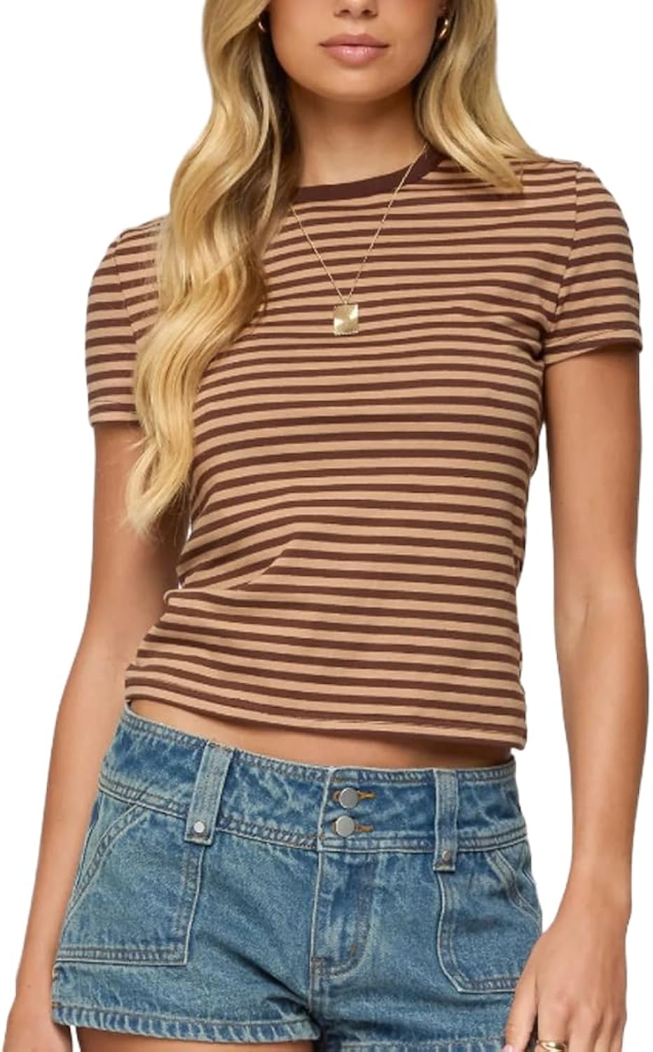 Y2k Baby Tees Crop Tops for Women Short Sleeve Fitted T Shirts Striped Patchwork Basic Cute Crewnecks 90s Going Out
