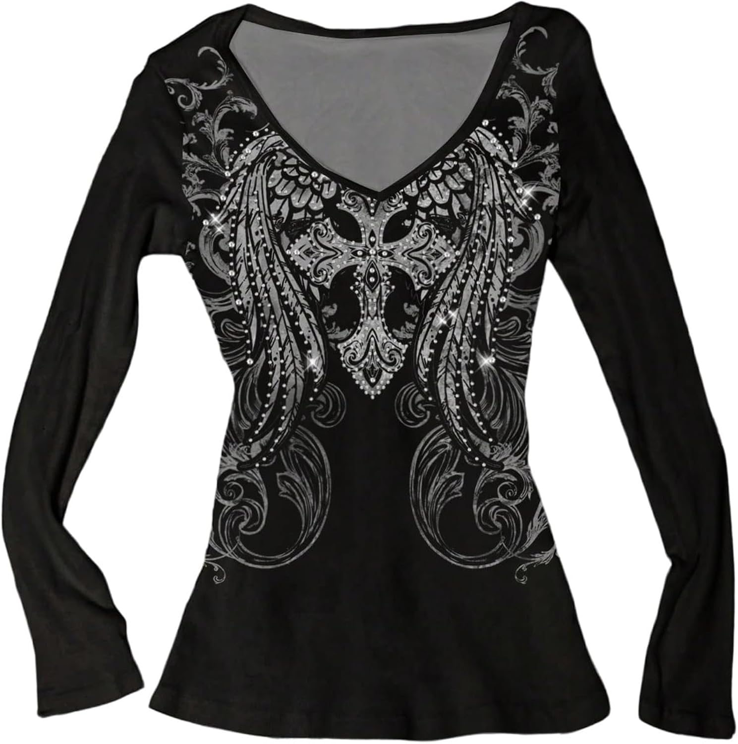 Women's Rhinestone Graphic Tees Long Sleeve Y2K Gothic T Shirts V Neck 2000s Fall Outfits Streetwear
