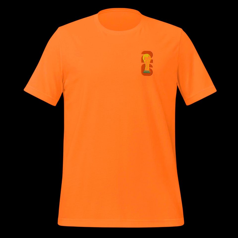 World Football Trophy Embroidered Logo T-Shirt - Gold Trophy & Orange 26 - Soccer Fan Tee