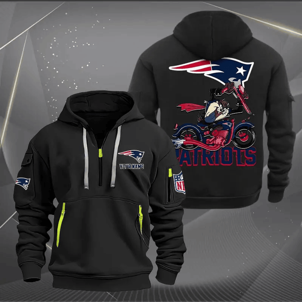 New England Patriots Quarter Zip Hoodie Biker Taz Custom Name Gift For Fan