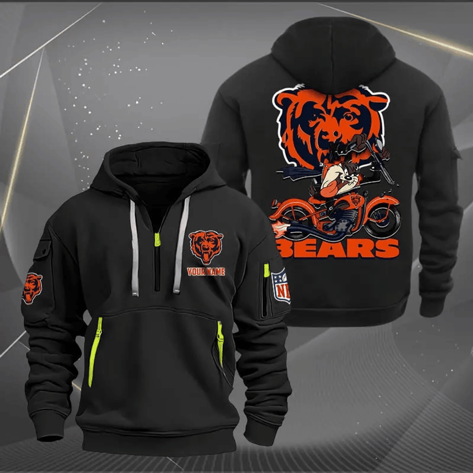 Chicago Bears Quarter Zip Hoodie Biker Taz Custom Name Gift For Fan