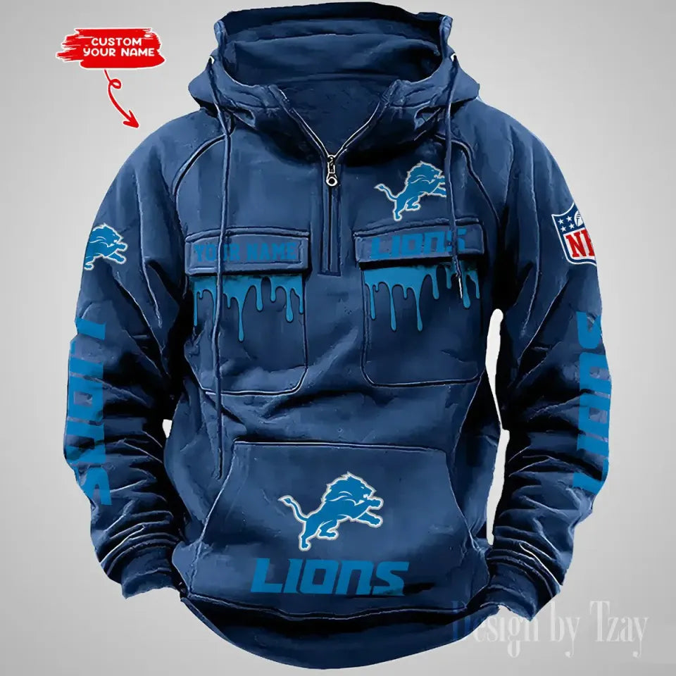 Detroit Lions Custom Vintage Cargo Hoodie For Men
