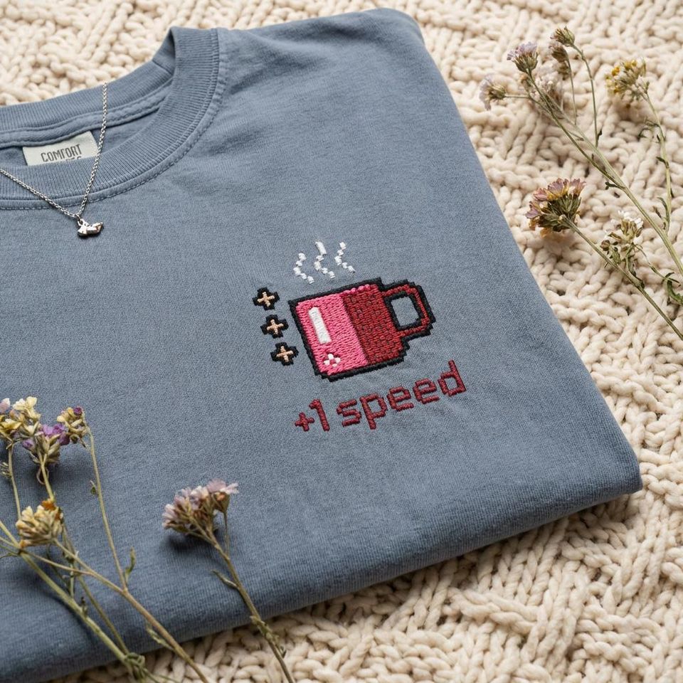 Embroidered Coffee T-Shirt with Pixel Art Coffee Design - Triple Shot Espresso
