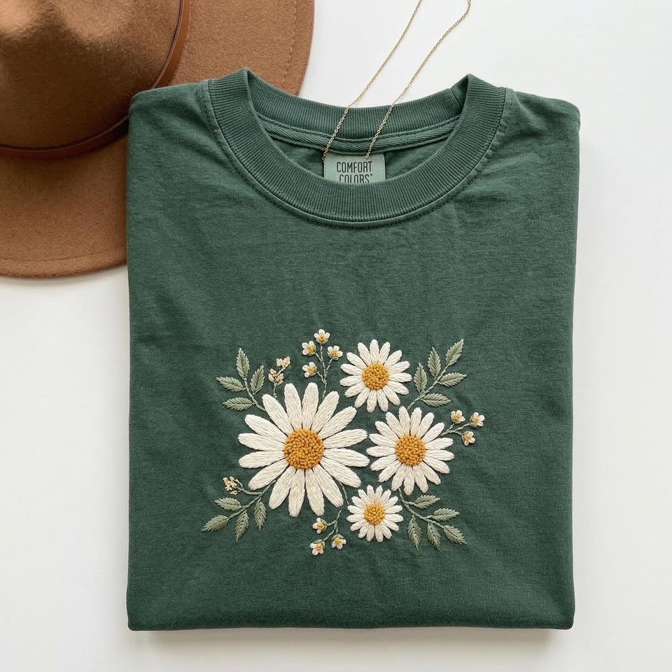 Comfort Colors Daisy Embroidered T-Shirt with Boho Floral Graphic Design